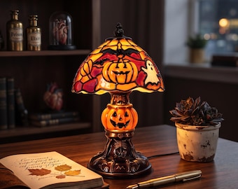 Stained Glass Halloween Table Lamp, Spooky Pumpkin Ghost Tiffany Style Night Light, Gothic Desk Lamp Decor, Dark Academia Halloween Gift