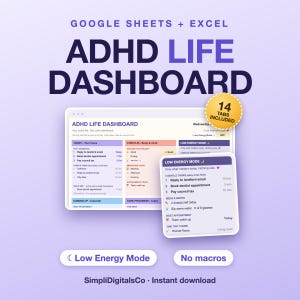 ADHD Life Dashboard | ADHD Planner Google Sheets & Excel | Low Energy Mode, Task, Budget, Habit, Medication, Productivity Tracker