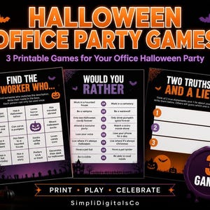 Puede incluir: Un conjunto de tres juegos imprimibles para fiestas de oficina de Halloween con fondos negros y texto en naranja y morado. Los juegos incluyen Find the Coworker Who, Would You Rather y Two Truths and a Lie, decorados con murciélagos y calabazas.