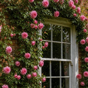 Puede incluir: Una ventana con marco blanco incrustada en una pared de ladrillo rojo, rodeada de rosales trepadores con numerosas flores de color rosa vibrante y hojas verdes. La ventana presenta una cuadrícula de cristales que refleja el jardín.