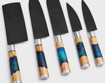 Handmade Kitchen Knife Set,Kitchen Cutlery Exotic Wood Handle, Leather Cover