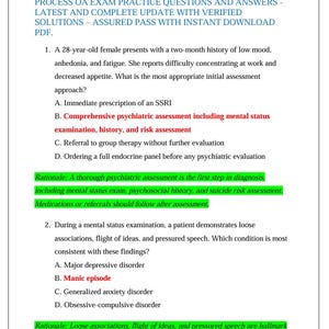 May include: A document titled PMHNP D344 NURS 6437 Assessment & Diagnostic Process OA Exam Practice Questions and Answers. It contains two multiple-choice questions regarding psychiatric assessment and symptoms, with correct answers highlighted in red.