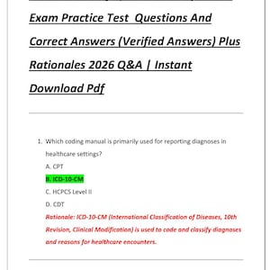 May include: A document titled Medical Coding Specialist Certification Exam Practice Test Questions And Correct Answers (Verified Answers) Plus Rationales 2026 Q&A | Instant Download Pdf, featuring a sample question about diagnosis reporting.