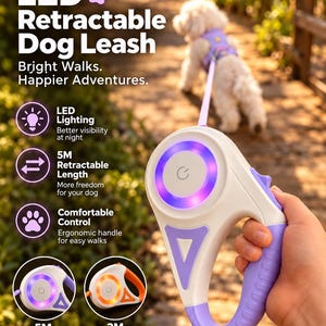 Könnte beinhalten: Eine weiße und violette, ausziehbare Hundeleine mit integrierter LED-Beleuchtung. Das Gerät verfügt über einen Ein-Aus-Schalter, eine 5m lange, einziehbare Leine und einen ergonomischen Griff. Der Text auf dem Bild lautet LED Retractable Dog Leash.