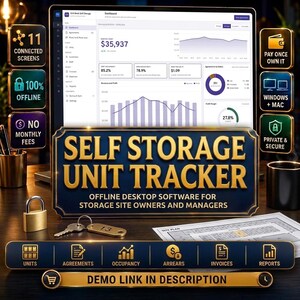May include: Self Storage Unit Tracker offline desktop software for storage site owners and managers. The display shows a dashboard with financial charts, occupancy rates, and revenue data. Includes icons for units, agreements, occupancy, and reports.