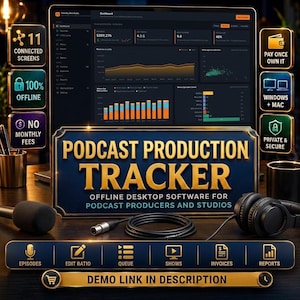 May include: A digital dashboard for podcast production software titled PODCAST PRODUCTION TRACKER. The interface displays analytics, charts, and metrics. Surrounding icons highlight features like 11 connected screens, offline capability, no monthly fees, and Windows plus Mac compatibility.