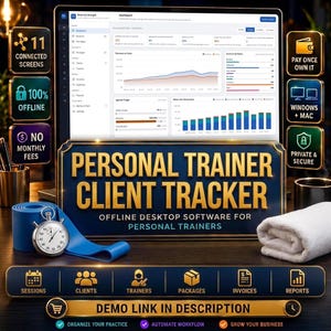 Puede incluir: Un panel digital para el software Personal Trainer Client Tracker en un monitor, con iconos de borde dorado para 11 pantallas conectadas, sin cuotas mensuales y acceso sin conexión. Incluye una banda de resistencia azul y un cronómetro.