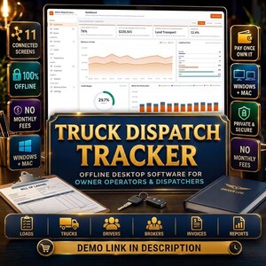 May include: A digital dashboard display for Truck Dispatch Tracker software, featuring a bill of lading form, a driver log book, and car keys. The interface shows data charts, revenue metrics, and navigation icons for loads, trucks, drivers, brokers, invoices, and reports.