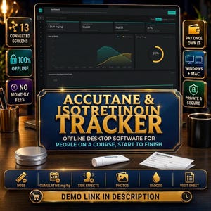 Op de afbeelding: Accutane & Isotretinoin Tracker offline desktopsoftware voor mensen tijdens een kuur. Functies omvatten dosis, cumulatieve mg/kg, bijwerkingen, foto's, bloedwaarden en bezoekverslagen. 13 verbonden schermen, 100% offline, geen maandelijkse kosten, eenmalige betaling, Windows + Mac, privé en veilig.