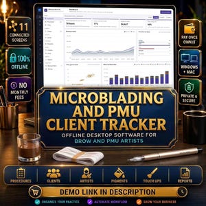 Op de afbeelding: Een digitaal dashboard voor de Microblading and PMU Client Tracker software. Het scherm toont grafieken, omzetgegevens en procedurestatistieken. De omringende tekst benadrukt functies zoals 11 verbonden schermen, offline toegang, geen maandelijkse kosten en compatibiliteit met Windows en Mac.