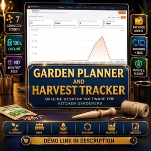 Puede incluir: Software digital de planificación de jardines y seguimiento de cosechas en una pantalla de ordenador. La interfaz muestra gráficos de datos, métricas de cultivos y tendencias de cosecha. Los iconos resaltan funciones como acceso sin conexión.