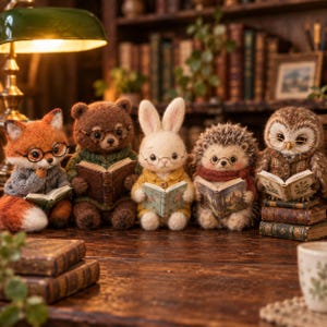May include: Five needle-felted animal figures including a fox, bear, rabbit, hedgehog, and owl, each wearing small round glasses and holding an open miniature book. The figures are arranged in a row on a dark wooden surface, each wearing clothing.