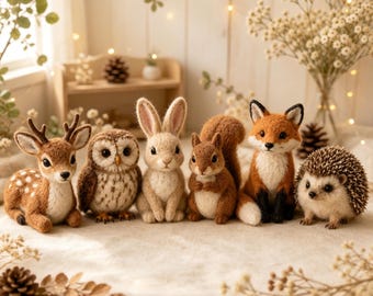 Bosdierenfiguurtjes van vilt, hert, uil, konijn, eekhoorn, vos, egel, miniatuur bospoppetjes, cottagecore woondecoratie, handgemaakt cadeau