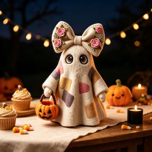 Handgjord filtspökdocka med blommig rosett, lapptäcksspökprydnad, Halloweendekor, kuslig söt heminredning, höstsäsongspresent
