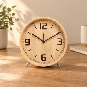 May include: A round analog table clock with a light wood grain frame and face. It features dark brown numerals at 12, 3, 6, and 9, with matching dark brown hour, minute, and second hands. The dial includes minute markers and numbers.