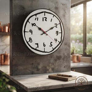 May include: A round wall clock with a white face and a black frame. The clock features hand-drawn style black numerals from one to twelve and black hour, minute, and second hands, with the second hand accented in red.