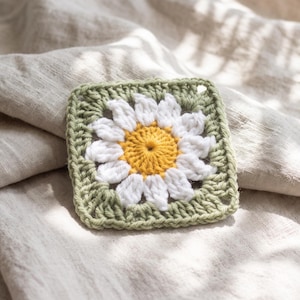 May include: A square crochet granny square featuring a central yellow daisy with white petals, framed by a sage green border. The yarn work displays a textured, hand-stitched pattern with a clear floral motif centered within the square shape.