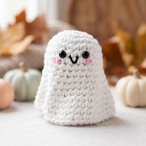 May include: A white crocheted ghost figurine featuring two small black circular eyes, a stitched black V-shaped mouth, and two small pink embroidered circles on the cheeks. The ghost has a rounded top and a textured, yarn-based surface.