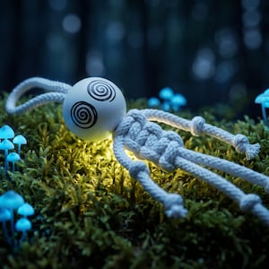 May include: A white rope doll with a round head featuring two black spiral eyes, lying on a bed of green moss. The doll has a knotted torso and limbs made of thick cord, with a soft yellow light emanating from beneath its body and small blue mushrooms.