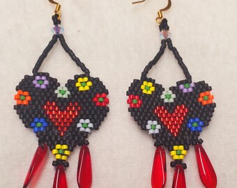 colorful hearts beaded earrings