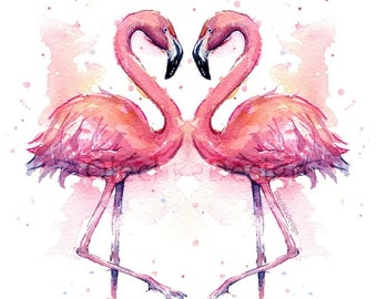 Flamingo aquarel, flamingo art print, twee flamingo's, flamingo decor, flamingo muurkunst, roze flamingo aquarel, flamingo liefde, giclee