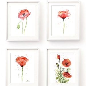 Poppies Watercolor, Poppy Print, Poppies Prints, Red Poppy Art, Poppy Wall Art, Red Flowers, Poppy Painting, Abstract Poppy, Set of 4 Prints