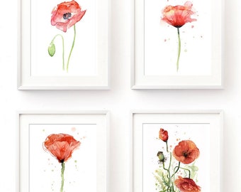 Poppies Watercolor, Poppy Print, Poppies Prints, Red Poppy Art, Poppy Wall Art, Red Flowers, Poppy Painting, Abstract Poppy, Set of 4 Prints