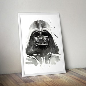 May include: Black and white watercolor painting of Darth Vader from Star Wars. The painting has a splattered background.