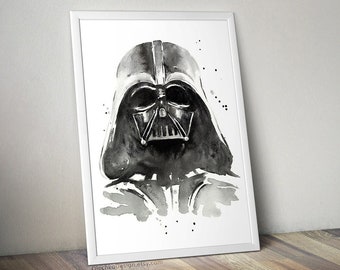 Lámina artística de Vader en acuarela, El lado oscuro de la acuarela, Friki, Ciencia ficción, Arte abstracto de Vader, Lámina en blanco y negro