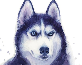 Husky Watercolor Art Print, Dog Portrait