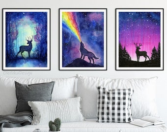 Galaxy Print Art Set, Galaxy Watercolor, Reindeer Forest Art Print, Wolf Painting, Colorful Galaxy Art Prints, Celestial Art, Forest Art