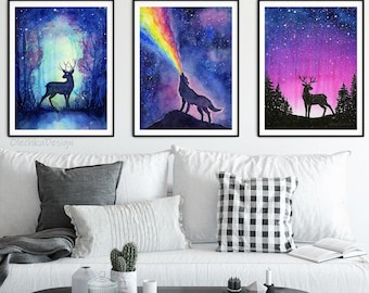 Galaxy Watercolor Art Print Set, Forest Animals, Northern Lights