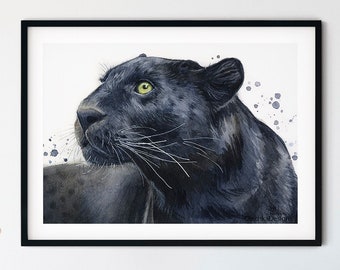 Black Jaguar Watercolor Painting, Panther Giclee Art Print