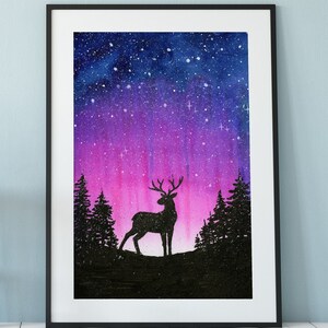 Rentier Silhouette, Hirsch Aquarell, Galaxie Kunstdruck, Galaxie-Liebhaber-Geschenk, Waldmalerei, Tieraquarell, rosa