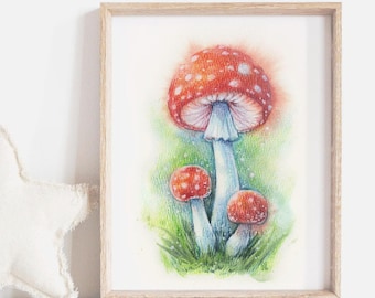 Amanita Muscaria Print, Woodland Decor, Whimsical Forest Wall Art, Fly Agaric Mushroom, Botanical Illustration, Giclee Print