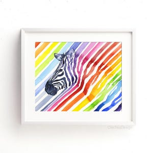 May include: Watercolor painting of a zebra's head with black and white stripes, set against a background of colorful rainbow stripes.