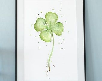 Four Leaf Clover Watercolor Art Print, St. Patrick's Decor