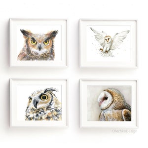 Owl Prints, Owl Art, Owl Watercolor, Owl Gifts, Owl Wall Art, Owl Painting, Great Horned Owl, Barn Owl, Owl Illustrations, Set for 4 Prints