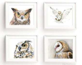 Owl Prints, Owl Art, Owl Watercolor, Owl Gifts, Owl Wall Art, Owl Painting, Great Horned Owl, Barn Owl, Owl Illustrations, Set for 4 Prints