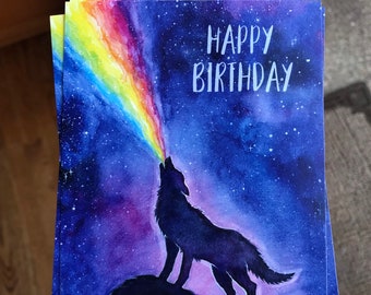 Birthday Postcards, Watercolor Postcards, Wolf Birthday, Howling Wolf, Wolf Birthday Cards, Rainbow Postcards, Animal Postcards, Card Set