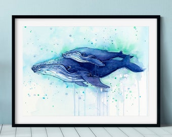 Whale Art, Humpback Whale Mom and Baby, Watercolor Print, Whale Painting, Sea Creatures, Nursery Art Print, Whale Calf, Whale Wall Art