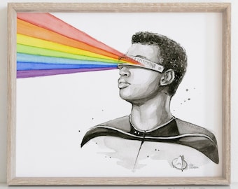 Geordi La Forge Watercolor Portrait, Rainbow Sci-Fi Art Print