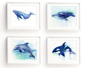 Whale Prints, Whale Gifts, Dolphin Print, Whale Art, Nursery Wall Art, Sea Creatures Art, Animal Watercolor, Humpback Whale Print, Orca Art