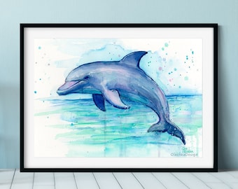 Dolphin Art, Dolphin Watercolor Painting, Dolphin Print, Dolphin Wall Art, Sea Creatures, Nursery Print, Dolphin Gift, Dolphin Decor, Marine