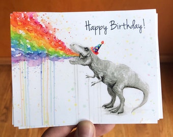 Birthday Postcards, Postcards for Kids, Funny Postcards, Birthday T-Rex, Birthday Cards, Rainbow Puke, Funny Animals, Watercolor Animals