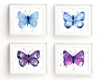 Butterfly Prints, Butterfly Wall Art, Girls Room, Art Print Set, Blue Purple Butterflies Wall Art, Decor Nursery Butterfly, Set of 4 Prints