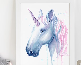 Unicorn Art Print, Watercolor Unicorn, Unicorn Painting, Blue Unicorn, Pink Unicorn, Unicorn Print, Baby Girl Nursery, Unicorn Watercolor