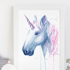 Impressão artística de unicórnio, unicórnio em aquarela, pintura de unicórnio, unicórnio azul, unicórnio rosa, estampa de unicórnio, berçário de menina, aquarela de unicórnio