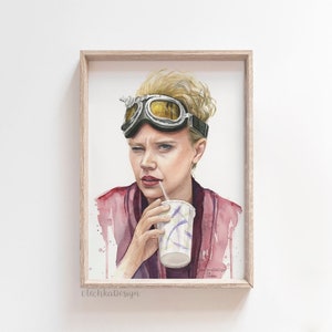 May include: Watercolor painting of a woman wearing goggles and a pink robe, drinking from a paper cup with a straw.
