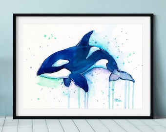 Killer Whale Orca Watercolor Art Print, Whale Art, Whale Painting, Orca Art, Sea Creatures, Nursery Art Print, Orca Painting, Whale Wall Art